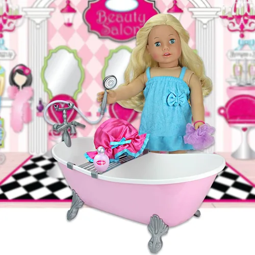 Vista 3 de Sophia's Bañera clásica rosa con pie de garra con gorro de ducha, vestido de rizo y accesorios de ducha para muñecas de 18 pulgadas, rosa claro