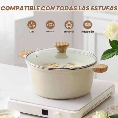 Vista 4 de SENSARTE Olla de cerámica antiadherente con tapa, olla de cocción de inducción de 4.5 cuartos de galón con tapa de vidrio templado, olla