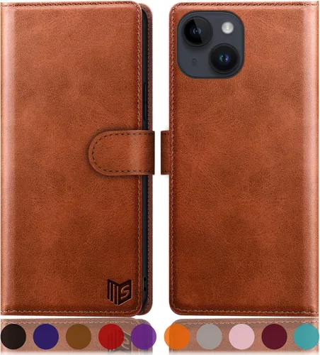 Vista 10 de SUANPOT Funda protectora tipo cartera con función atril para iPhone 15 de 6.1 pulgadas, con soporte para tarjetas de crédito RFID, funda de piel