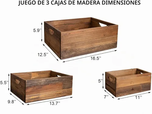 Vista 5 de TIMRIS Juego de 3 cajas de madera rústica envejecida anidables, cajas de almacenamiento de madera decorativas de estilo granja, cestas de madera