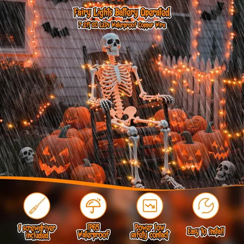 Vista 3 de Guirnalda de luces naranjas de Halloween, funciona con pilas, 7.2 pies, 20 luces LED, alambre de cobre plateado para Halloween, Navidad, decoración