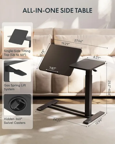 Vista 4 de FLEXISPOT Mesa auxiliar en forma de C de altura ajustable con parte superior inclinable de un solo lado, mesa auxiliar móvil para sofá y mesita