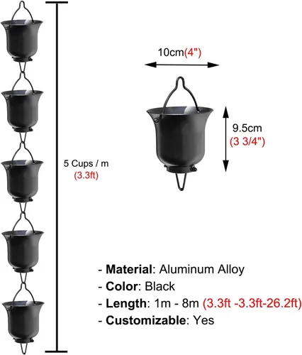 Vista 6 de Rainwater Catcher Rain Chain Rust-Resistant, Aluminum Alloy Cups Rain Catcher for Downspout, Courtyard Garden Sheds Deck Rain Chimes(Black,1m