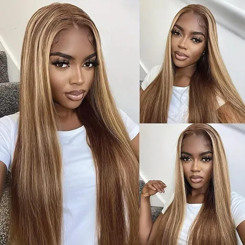 Vista 8 de Pelucas de cabello humano lacio con encaje frontal, color castaño cenizo degradado a rubio 613 con raíces oscuras 13x6 HD, peluca frontal de encaje