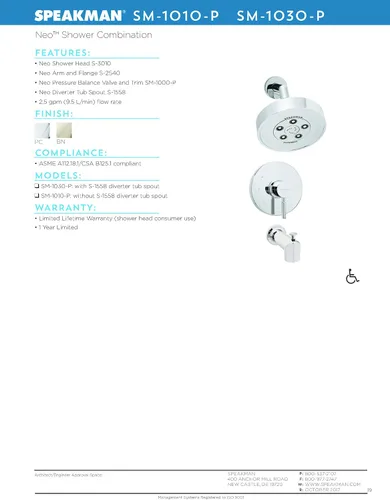 Vista 3 de Speakman SM-1010-P Neo Anystream Cabezal de ducha de alta presión y válvula de equilibrio de presión Combo, cromo pulido