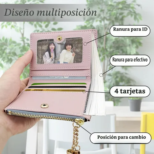 Vista 3 de Cartera de cuero para mujer, billetera con cierre, cartera pequeña con bolsillo para monedas, tarjetero plegable, carteras con bolsillo para monedas