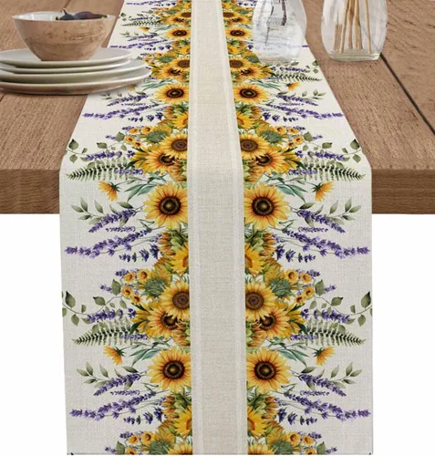 Vista 13 de Camino de mesa floral de tulipán azul, algodón y lino, pequeñas bufandas de 36 pulgadas, diseño rústico de flores para cocina, café, mesa