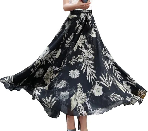 Vista 2 de Sinono Falda larga de gasa bohemia para mujer, vestido gitano, falda de playa bohemia