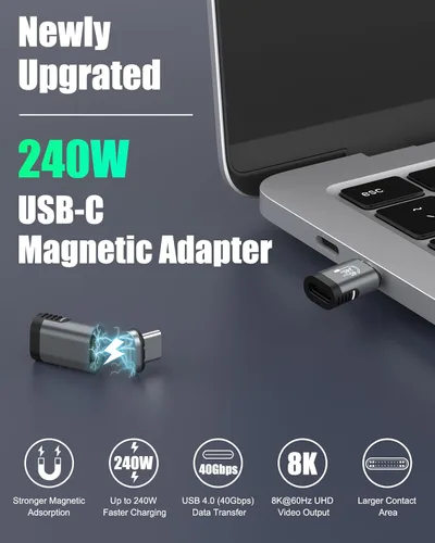 Vista 2 de MoKo Paquete de 2 adaptadores magnéticos USB C, adaptador USB C magnético con PD 240W/8K video/USB4 40Gbps para Thunderbolt 3/4, MacBook Pro/Air/ROG