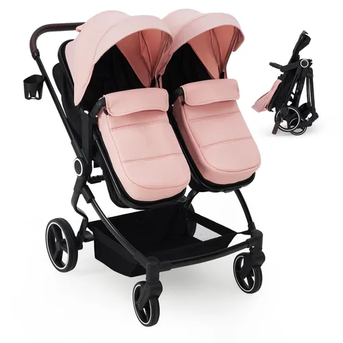 Vista 9 de Tandem - Cochecito doble para recién nacidos y niños pequeños, ligero y compacto, plegable, con reclinación y toldo ajustables, portavasos