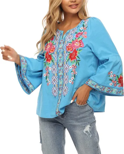 Vista 6 de YZXDORWJ Blusa casual mexicana campesina con volantes y mangas acampanadas para mujer, talla extra grande, talla XXL
