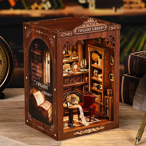 Vista 5 de Kits de rincón de libros para adultos, rompecabezas de madera 3D para casa de muñecas, estantería en miniatura para casa de muñecas, decoración