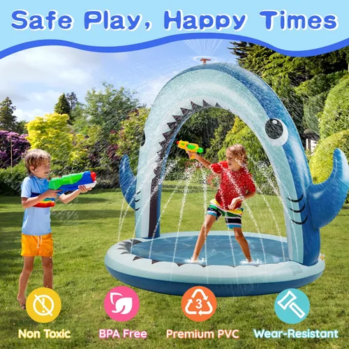 Vista 4 de Gleamkid Aspersor de tiburón gigante para niños, juguetes inflables de agua con rociador de 360°, 4 anillos de lanzamiento de plástico, juego