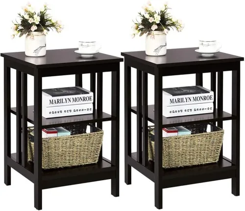 Vista 12 de Mesa auxiliar con estante de almacenamiento de 3 niveles para sala de estar, dormitorio, marco de madera estable, fácil montaje (negro, 1 unidad)