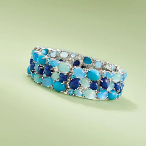 Vista 5 de Ross-Simons 61.30 ct. t.w. White and Tonal Blue Multi-Gemstone Cluster Bracelet in Sterling Silver