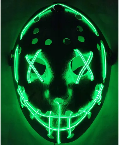 Vista 2 de Máscara de la Purga con luz LED Jason, máscara de miedo de Halloween para niños, adultos, hombres y mujeres, fiesta de festival de Halloween