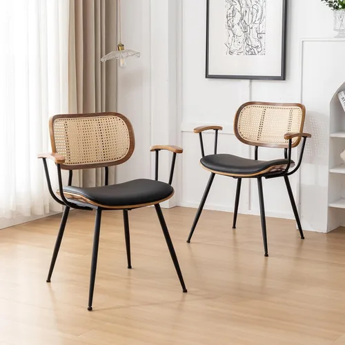 Vista 3 de Juego de 2 sillas de comedor de ratán, sillas auxiliares de cocina modernas de mediados de siglo, sillas de escritorio con patas de metal, sillas