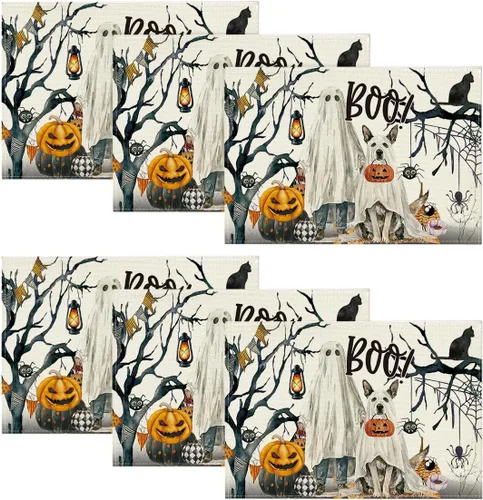 Vista 7 de Artoid Mode Juego de 4 manteles individuales de Halloween con diseño de calabazas fantasmas, árbol y perro, 12 x 18 pulgadas, para decoración