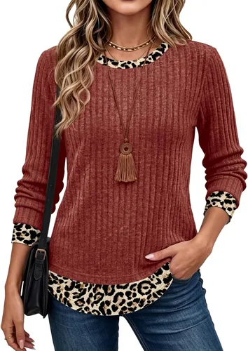 Vista 9 de WIHOLL Camisas de manga larga para mujer, trajes de otoño, suéteres ligeros Negro - blanco