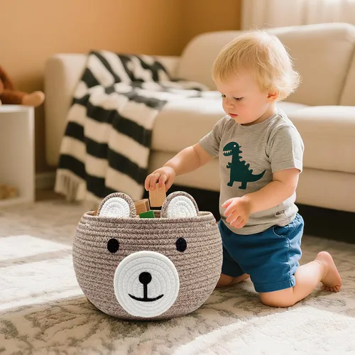 Vista 3 de Cesta de bebé para guardería, cestas de regalo de oso vacías para niños, cestas de baby shower para juguetes, cesta de almacenamiento de cuerda
