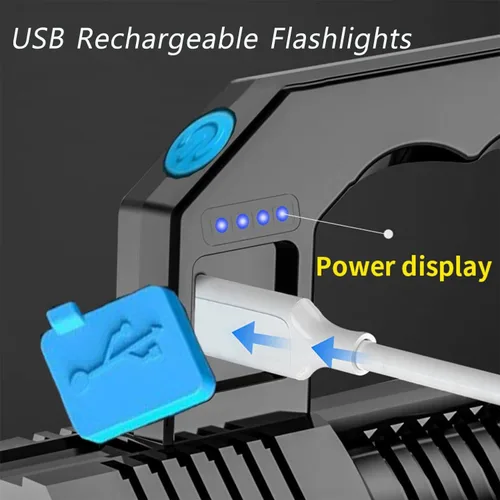 Vista 4 de Linterna recargable USB de alto lúmenes, linterna de camping con 4 potentes cuentas LED, linterna de mano para el hogar, 4 modos, impermeable