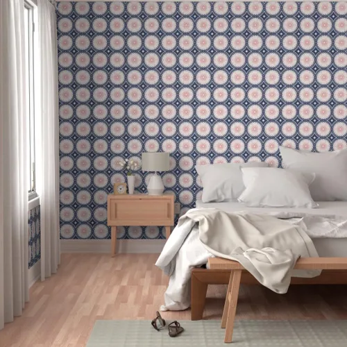 Vista 5 de Spoonflower Navy Pink White Pre-Pasted Removable Wallpaper Sample 12" x 24" Navy Pink White Circle Girls Room Self-adhesive, removable and