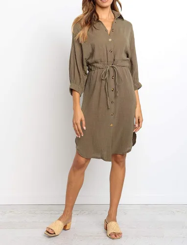 Vista 2 de R.Vivimos Vestido de verano para mujer, manga 34, de lino, con botones, casual, hasta la rodilla, con lazo en la cintura