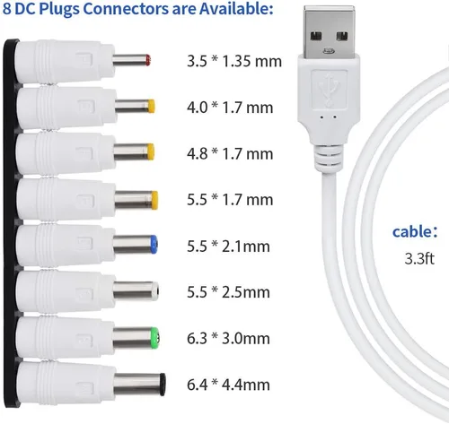 Vista 2 de UCEC Cable de alimentación DC 5V, USB universal a DC 0.2x0.1 in Cable de carga de enchufe con 8 conectores intercambiables adaptadores