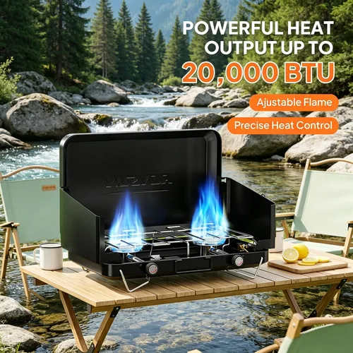 Vista 3 de ROVSUN Estufa de campamento de propano de 20000 BTU con adaptador, 2 quemadores de mesa portátil de propano con mango integrado y panel de viento