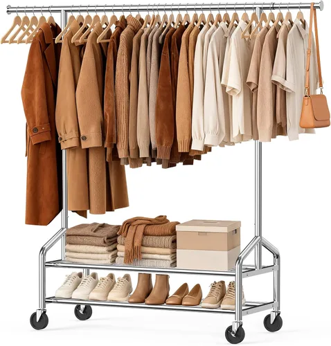 Vista 10 de Perchero de ropa resistente, 650 libras de carga para colgar ropa con 2 estantes resistentes, perchero de metal con ruedas para dormitorio