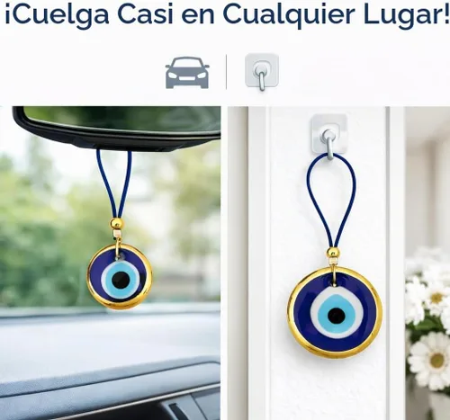 Vista 5 de Juego de 2 adornos dorados para colgar en el coche de ojo turco para el mal de ojo, accesorios para el mal de ojo, regalo para mujeres u hombres