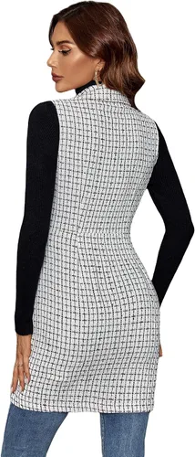 Vista 2 de GORGLITTER Chaqueta larga a cuadros de doble botonadura para mujer sin mangas chaqueta larga con bolsillos