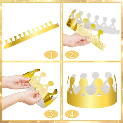 Vista 6 de Henoyso 72 coronas de papel dorado a granel 9 estilos King Prince Princess Gold Foil Paper Party Hat Cap para adultos, mujeres y hombres, fiesta