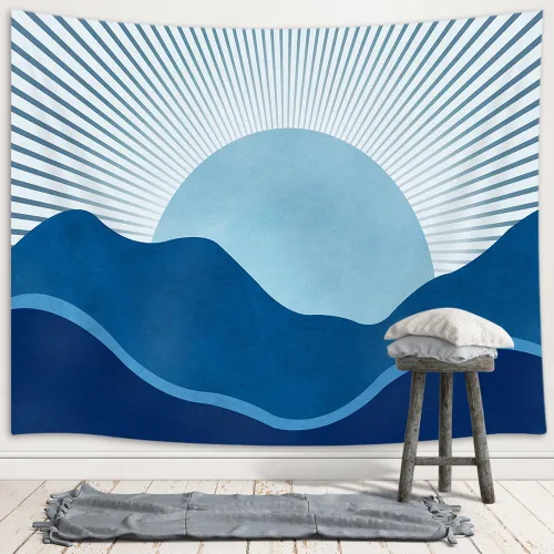 Vista 2 de JAWO Tapiz Bohemio Azul, Tapiz de Naturaleza con Montaña Abstracta y Sol Dorado para Colgar en la Pared para Dormitorio, Tapices de Paisaje