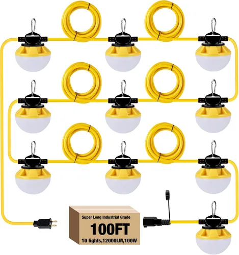 Vista 9 de Cadena de luz LED de construcción de 30 pies, 50 W, 6000 lúmenes, cable 18 AWG, cadena de luces de trabajo enlazables de 5000 K con 5 bombillas