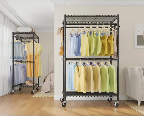 Vista 2 de VIPEK R2 Pro - Perchero enrollable para ropa de 2 lados, resistente con ruedas, estantes ajustables, varillas para colgar, armario portátil