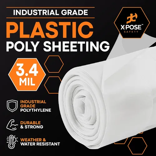 Vista 2 de Xpose Safety Láminas de plástico transparente – Rollo de 10 x 100 pies – Hoja de polietileno resistente de 3.4 mil – Impermeable, a prueba de polvo