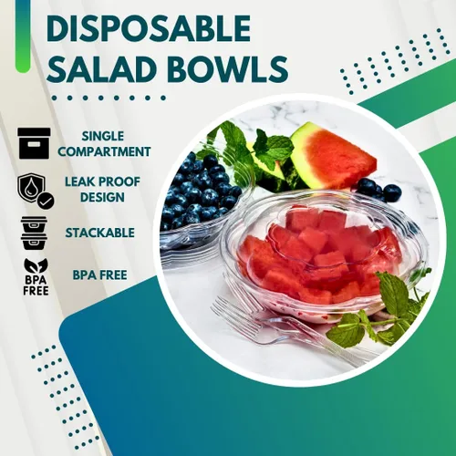 Vista 3 de Green Direct Recipientes de ensalada de 18 onzas con tapas, paquete de 25, cuencos de plástico transparente para almuerzo, servir y mezclar