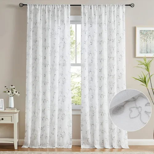 Vista 2 de Vision Home Cortinas traslúcidas blancas con estampado floral gris de 84 pulgadas, con patrón de hojas, cortinas traslúcidas para filtrar la luz