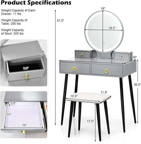 Vista 5 de Juego de escritorio de tocador con espejo iluminado, tocador con 3 modos de iluminación de color y 4 cajones de almacenamiento de joyas, mesa