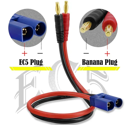 Vista 5 de Paquete de 2 cables de carga de batería de enchufe tipo plátano, conector macho EC5 de 11.8 pulgadas a adaptador de enchufe macho banana macho