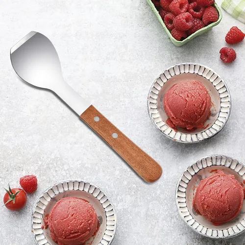 Vista 5 de 2 piezas de pala de helado, pala de helado de acero inoxidable con mango de madera, pala de metal para postre, hoja de mantequilla, raspador
