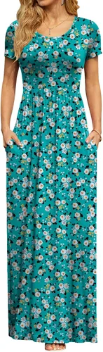 Vista 2 de DB MOON - Vestido largo de manga corta para mujer, vestido informal de cintura imperio, con bolsillos
