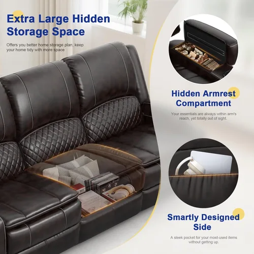 Vista 4 de Sofá reclinable mejorado 2026 de 3 plazas con sillón reclinable, asiento de cine en casa con consola elevable y reposabrazos extraíbles, sofá manual