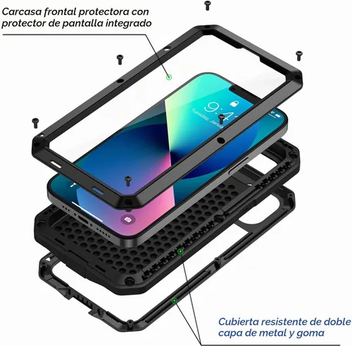 Vista 2 de Lanhiem Funda de metal para iPhone 13, resistente a los golpes, con protector de pantalla de vidrio integrado, funda protectora de cuerpo completo