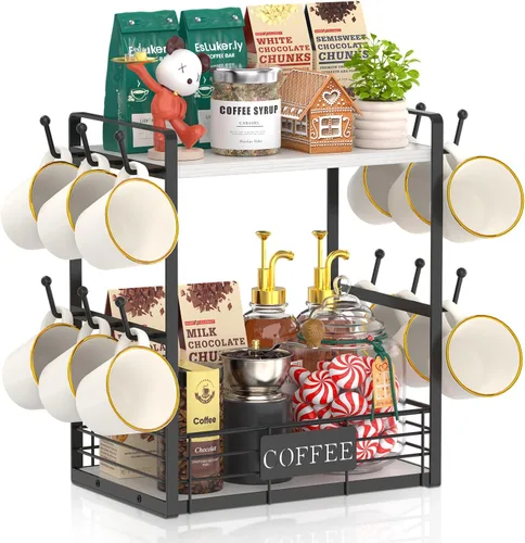 Vista 18 de EsLuker.ly Soporte para tazas de café, organizador de estación de barra de árbol, soporte para tazas de 2 niveles para encimera de cocina, estante