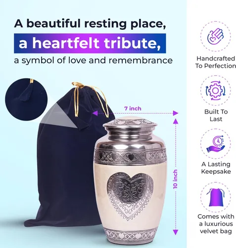Vista 3 de hlc Urnas - Urna de cremación de corazón, urna funeraria para cenizas humanas, urna de entierro con grabado detallado, 100% aluminio, tamaño grande