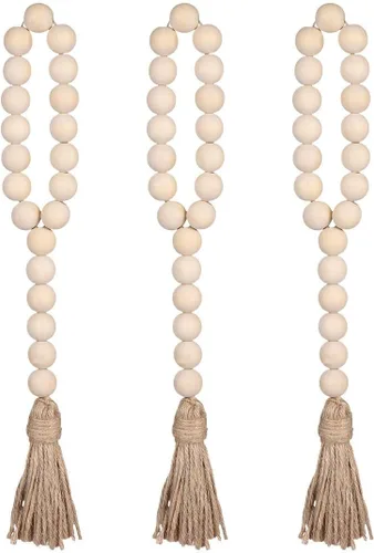 Vista 10 de Garneck Guirnalda de cuentas de madera, borlas de granja, cuentas de oración rústica para decoración de puerta del hogar, decoración de Navidad