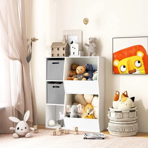 Vista 2 de HONEY JOY Organizador de almacenamiento de juguetes para niños con 5 cubículos, estantería y estantería para niños con 2 cajas de almacenamiento