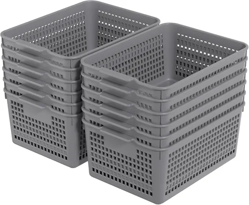 Vista 8 de Paquete de 3 cestas de almacenamiento de plástico, contenedor de almacenamiento grande gris
